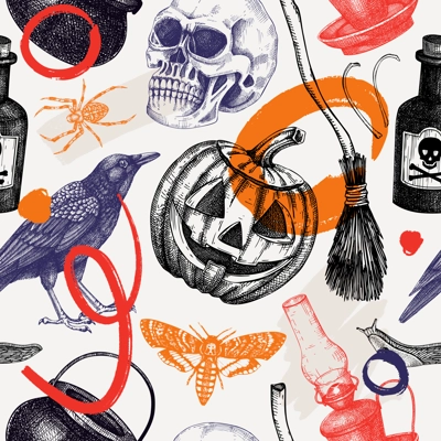 Collage style Halloween seamless pattern. Hand drawn vector illustration. Skulls, bones, pumpkin, poisonous mushrooms, snakes, raven sketches. Trendy autumn background. Abstract shapes, texture